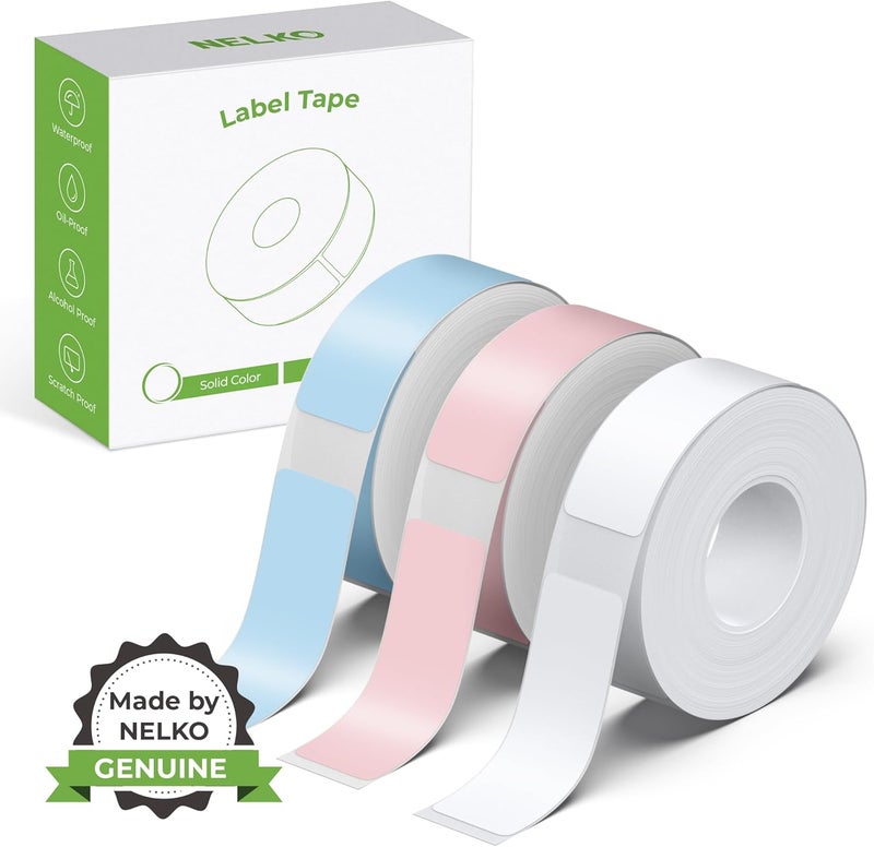 Nelko Genuine P21 Label Maker Tape, Adapted Label Print Paper, 14x40mm (0.55inchesx1.57inches), Standard Laminated Labeling Replacement, 180 Tapes/Roll, 3-Roll, White/Light Blue/Pink - Image 1